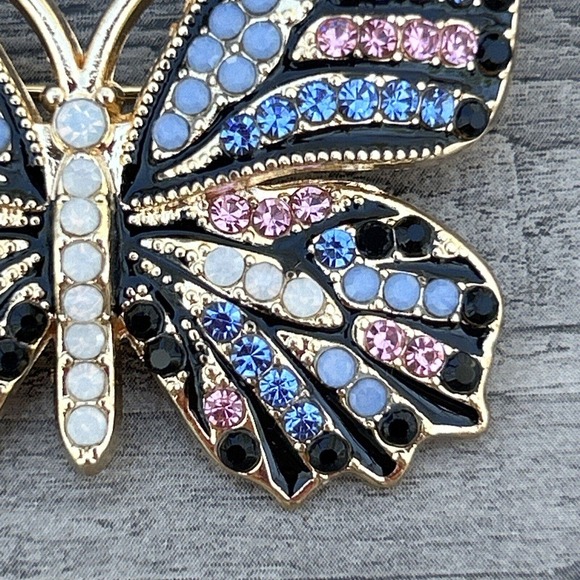 Butterfly Brooch Pin Pave Goldtone Metal Multicolored Crystals Modern - Picture 3 of 11